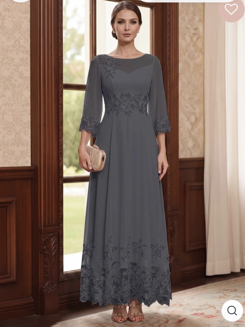 Elegant Grey Evening Gown with Sheer Sleeves